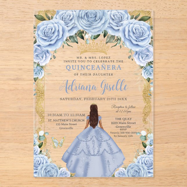 Invitaciones Acrílicas Moda Bebé Flores Azules Princesa Marrón Quinceañer (Anverso)
