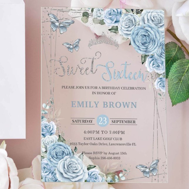 Invitaciones Acrílicas Moda Bebé Mariposas Florales Azules Dulce Dieciséi (beautiful sweet sixteen birthday acrylic invitation with baby blue roses floral and butterflies)