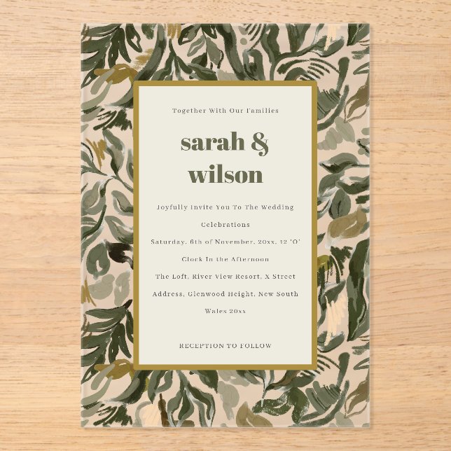 Invitaciones Acrílicas Moda Boda botánico Rústico Boho Retro Verde (Anverso)