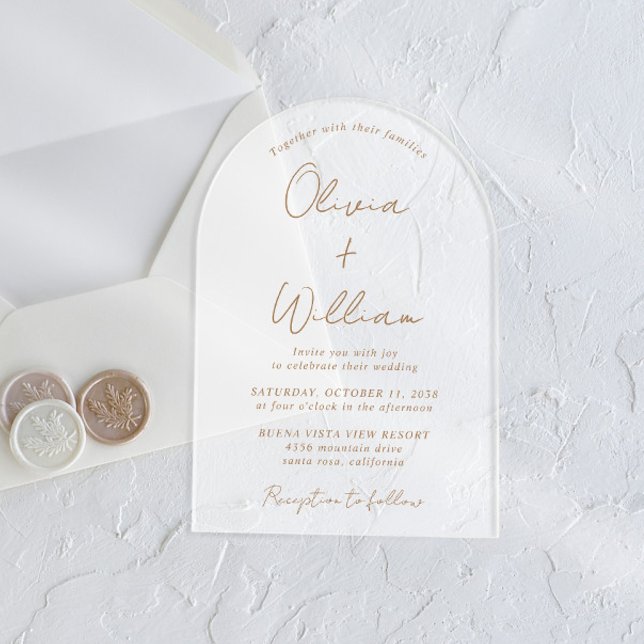 Invitaciones Acrílicas Moda Boda de Arco de Guión Dorado Frosted (Start your forever with elegant arch-shaped acrylic invitations for a timeless Happily Ever After)