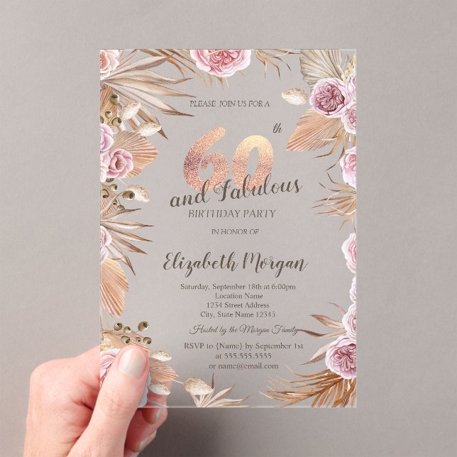 Invitaciones Acrílicas Moda Boho Flores Rosa Oro 60 cumpleaños (Insitu (portátil))