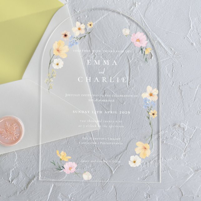 Invitaciones Acrílicas Moda Boho Pastel Wildflowers Boda de verano de pri (Subido por el creador)
