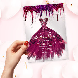 Invitaciones Acrílicas Moda burgundy rosa purpurina de vestido gotea cump