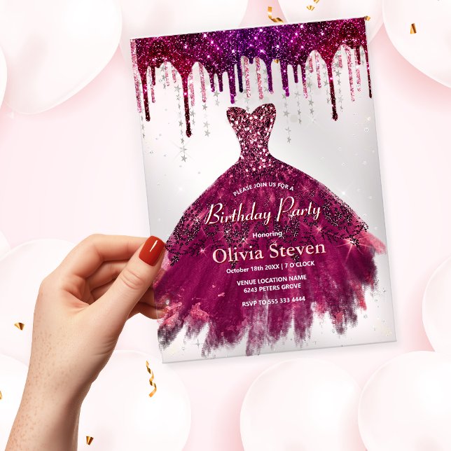 Invitaciones Acrílicas Moda burgundy rosa purpurina de vestido gotea cump (Subido por el creador)