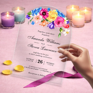 Invitaciones Acrílicas Moda colorido flores silvestres brillantes arco bo