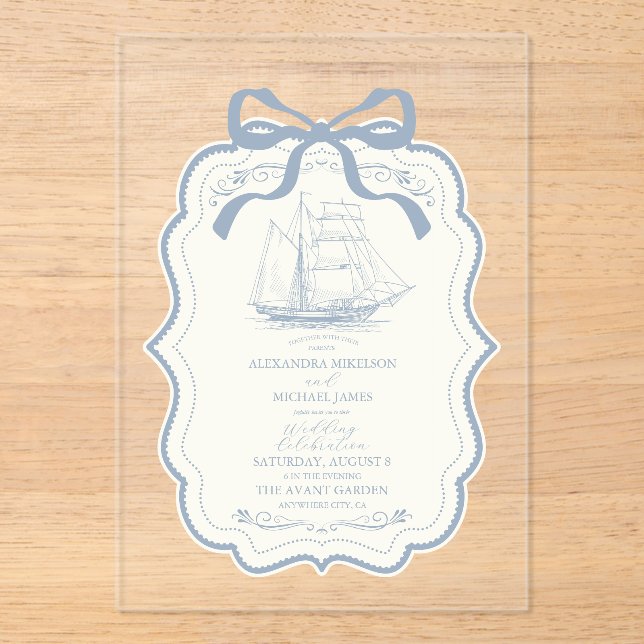 Invitaciones Acrílicas Moda de la tela Boda Nautical Bow (Anverso)
