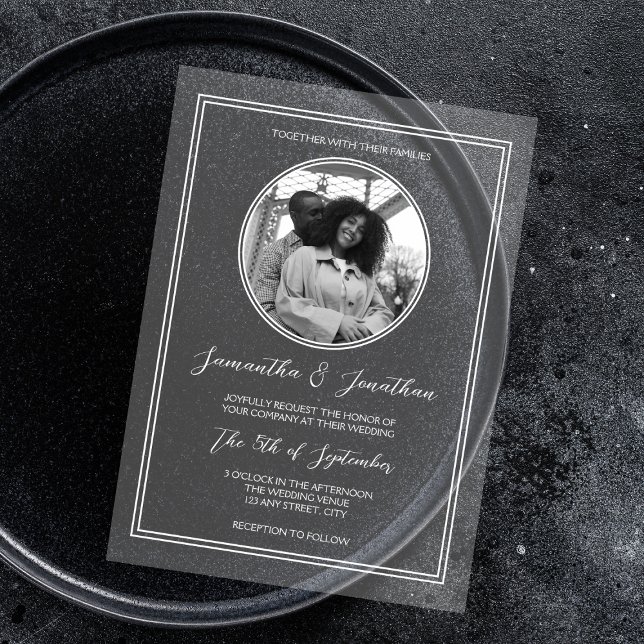 Invitaciones Acrílicas Moda Foto Boda de guión de caligrafía blanca (Chic Photo White Calligraphy Script Wedding Acrylic Invitations)