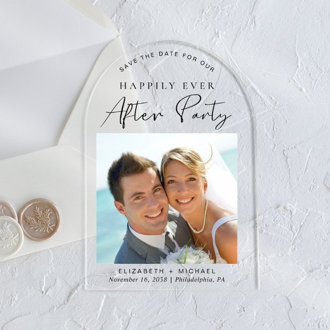 Invitaciones Acrílicas Moda Foto Boda Recepción Guardar La Fecha (Celebrate your Happily Ever After in style with our chic acrylic wedding save the date announcement)