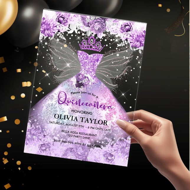 Invitaciones Acrílicas Moda lavanda morada vestido floral Quinceanera (Subido por el creador)
