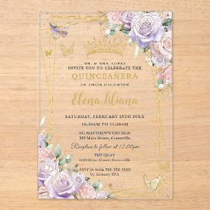 Invitaciones Acrílicas Moda Lilac Rubor Rosas Florales Quinceanera Sweet 