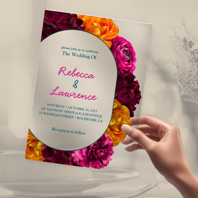Invitaciones Acrílicas Moda moderna boda floral verde rosa caliente (Subido por el creador)
