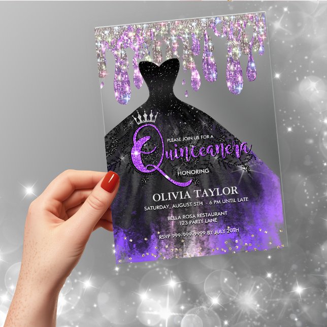 Invitaciones Acrílicas Moda morado de cristal negro goteo Quinceanera (Subido por el creador)
