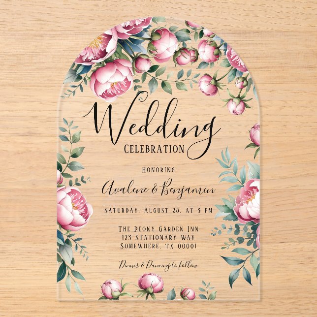 Invitaciones Acrílicas Moda Peony Bouquet En Boda De Acuarela (Anverso)