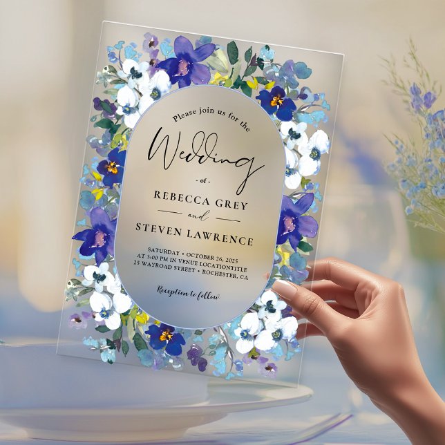 Invitaciones Acrílicas Moda primavera polvoriento azul violeta boda flora (Subido por el creador)