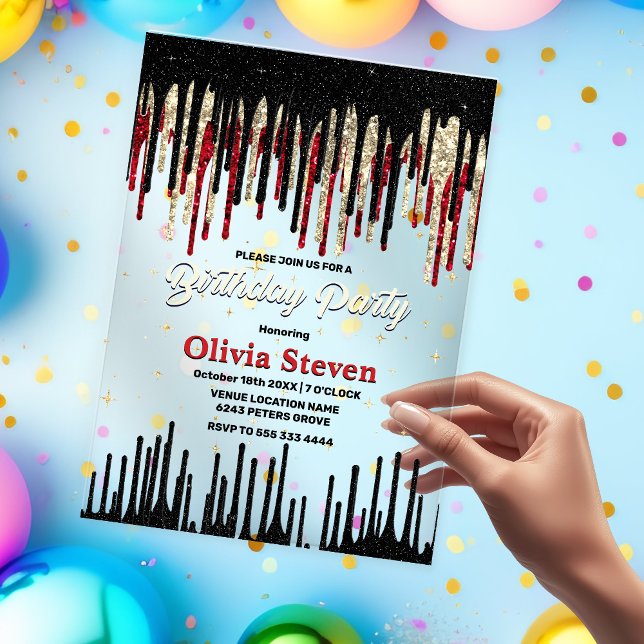 Invitaciones Acrílicas Moda purpurina de goteo negro rojo monograma cumpl (Subido por el creador)