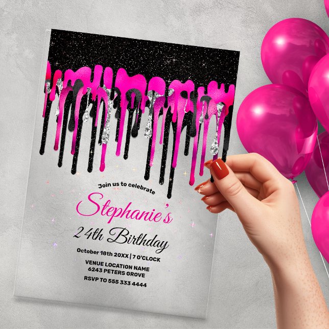 Invitaciones Acrílicas Moda purpurina negro rosa caliente gotea cumpleaño (Subido por el creador)
