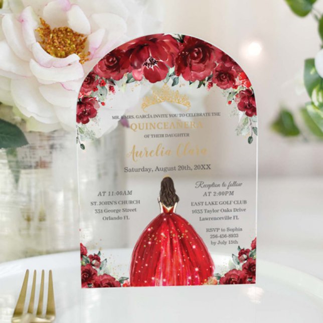 Invitaciones Acrílicas Moda Quinceañera Rosas florales rojas Princesa Arc (Subido por el creador)
