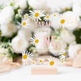 Invitaciones Acrílicas Moda Retro Rosa Daisy Flower 1º cumpleaños