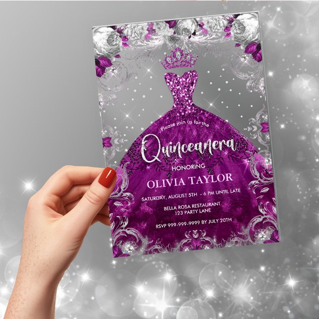 Invitaciones Acrílicas Moda rosa caliente fucsia vestido floral Quinceane (Subido por el creador)