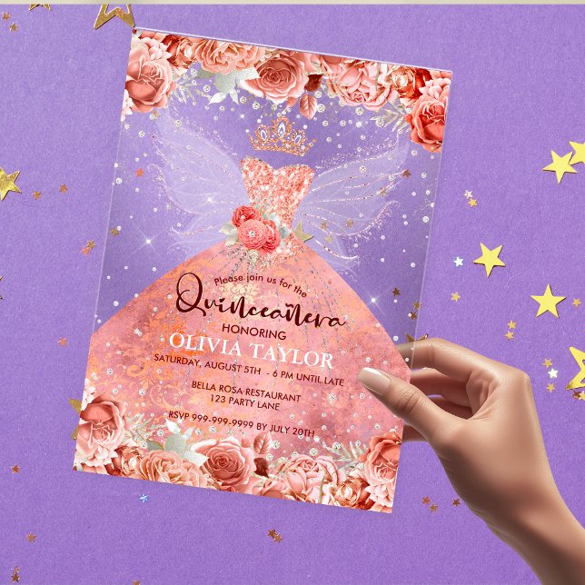Invitaciones Acrílicas Moda rosa dorado vestido rubor floral Quinceanera (Subido por el creador)