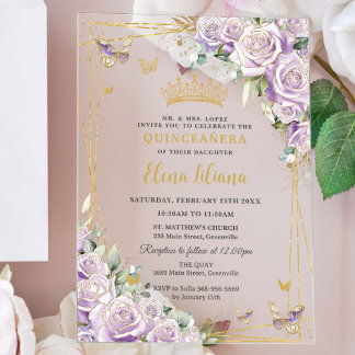 Invitaciones Acrílicas Moda Rosas Lilac Morado Oro Floral Quinceañera XV