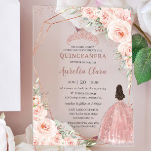 Invitaciones Acrílicas Moda Rubor Floral Rosa Gold Quinceañera Princess