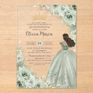 Invitaciones Acrílicas Moda Sage Green Floral Brown Princesa Quinceañera