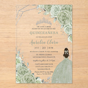 Invitaciones Acrílicas Moda Sage Green Floral Princesa Plata Quinceañera