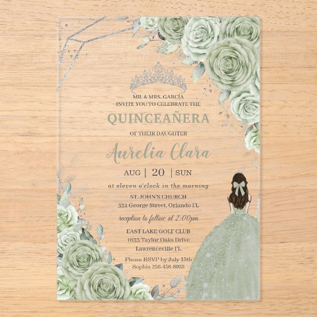 Invitaciones Acrílicas Moda Sage Green Floral Princesa Plata Quinceañera (Anverso)