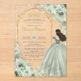 Invitaciones Acrílicas Moda Sage Green Floral Rosas Princesa Quinceañera