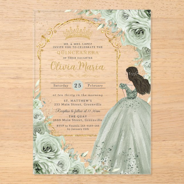 Invitaciones Acrílicas Moda Sage Green Floral Rosas Princesa Quinceañera (Anverso)