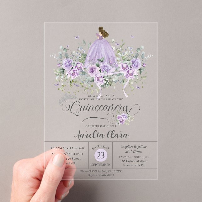 Invitaciones Acrílicas Moda Vestido Chica Purple Lilac Floral Quinceañera (Insitu (portátil))