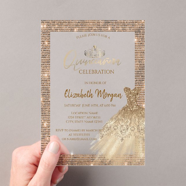Invitaciones Acrílicas Moda Vestido de Oro Verde Tiara, Diamantes Quincea (Insitu (portátil))