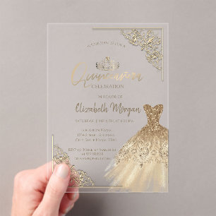 Invitaciones Acrílicas Moda Vestido de Oro Verde Tiara, Diamantes Quincea