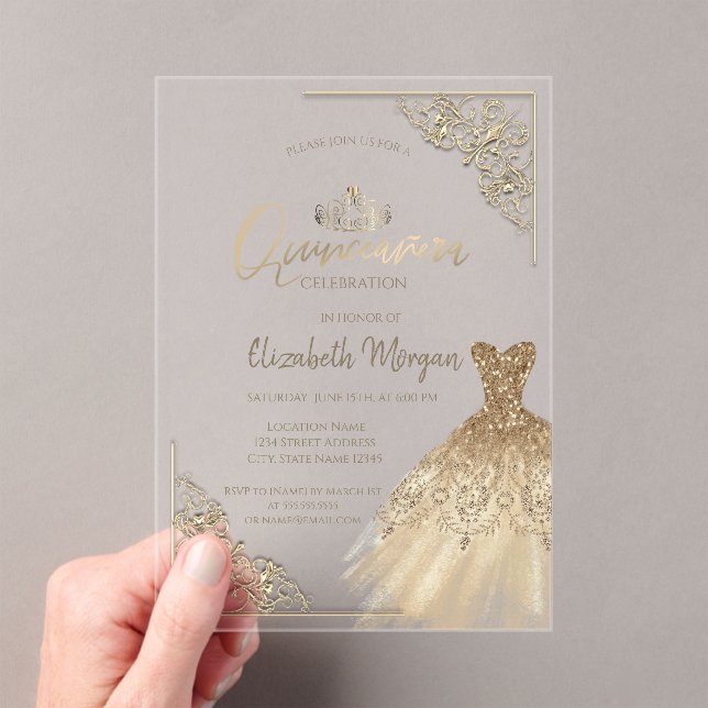 Invitaciones Acrílicas Moda Vestido de Oro Verde Tiara, Diamantes Quincea (Insitu (portátil))
