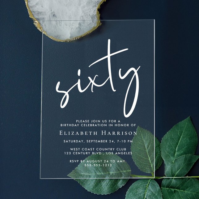 Invitaciones Acrílicas Moda White Script 60 cumpleaños (Subido por el creador)