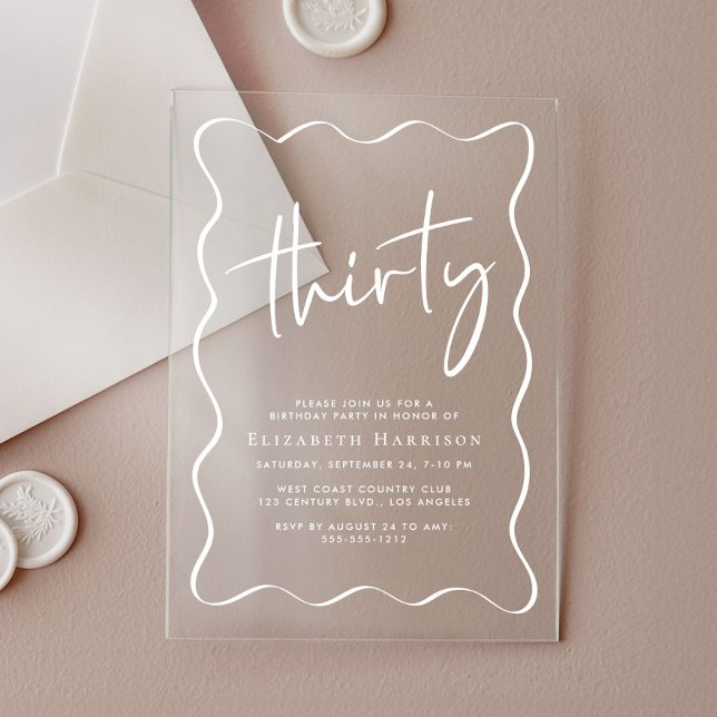 Invitaciones Acrílicas Moda White Script Wavy Frame 30 cumpleaños Fiesta (Subido por el creador)