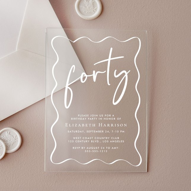 Invitaciones Acrílicas Moda White Script Wavy Frame 40 cumpleaños Fiesta (Subido por el creador)