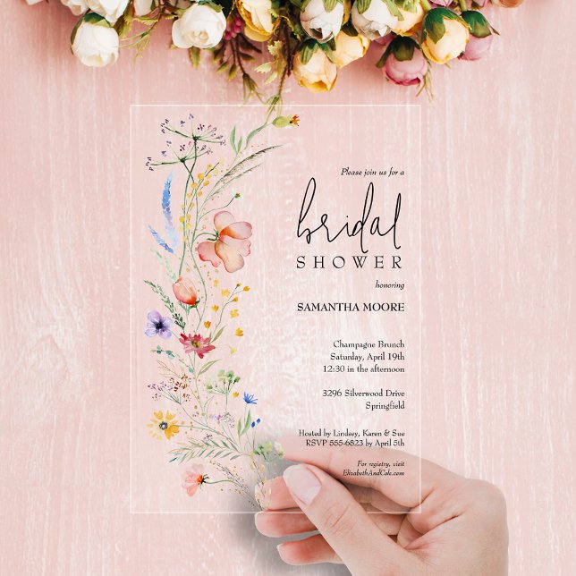 Invitaciones Acrílicas Moda Wildflower Bridal Shower (Chic wildflower bridal shower acrylic invitations - choose clear or frosted)