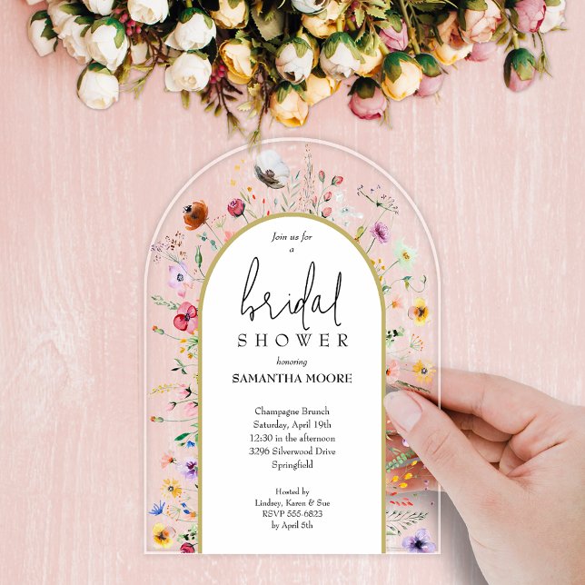 Invitaciones Acrílicas Moda Wildflower Bridal Shower Arch-Top (Wildflower Bridal Shower Arch-Top Acrylic Invitations - order clear or frosted)