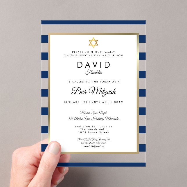 Invitaciones Acrílicas Modern Bar Mitzvah Navy Blue Stripe Gold (Insitu (portátil))
