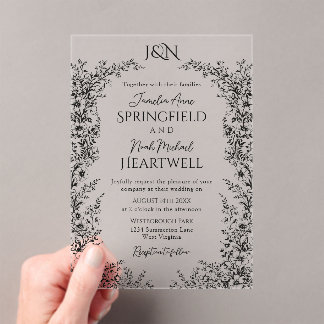 Invitaciones Acrílicas Modern Black and White Botanical Wedding