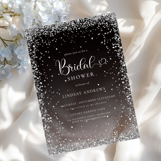Invitaciones Acrílicas Modern Black Silver Glitter Bridal Shower  (Modern Black Silver Glitter Bridal Shower Acrylic Invitations)