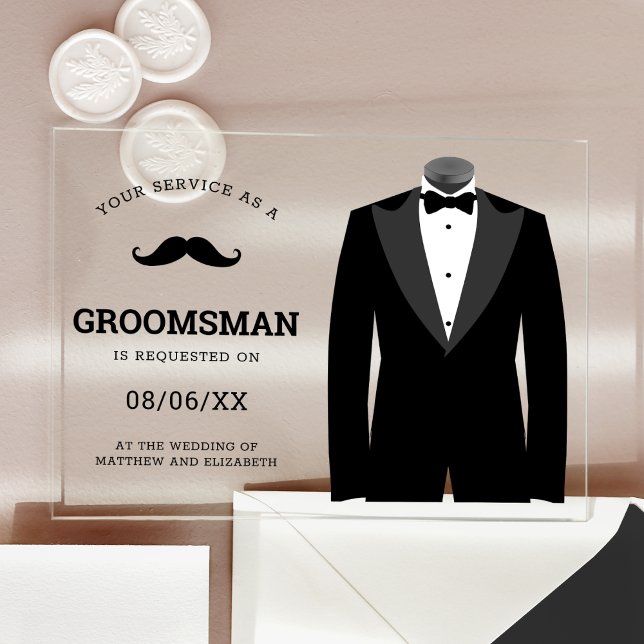 Invitaciones Acrílicas Modern Black Tuxedo Groomsman Request (Subido por el creador)