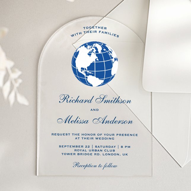 Invitaciones Acrílicas Modern Blue World Map Globe Wedding (Subido por el creador)