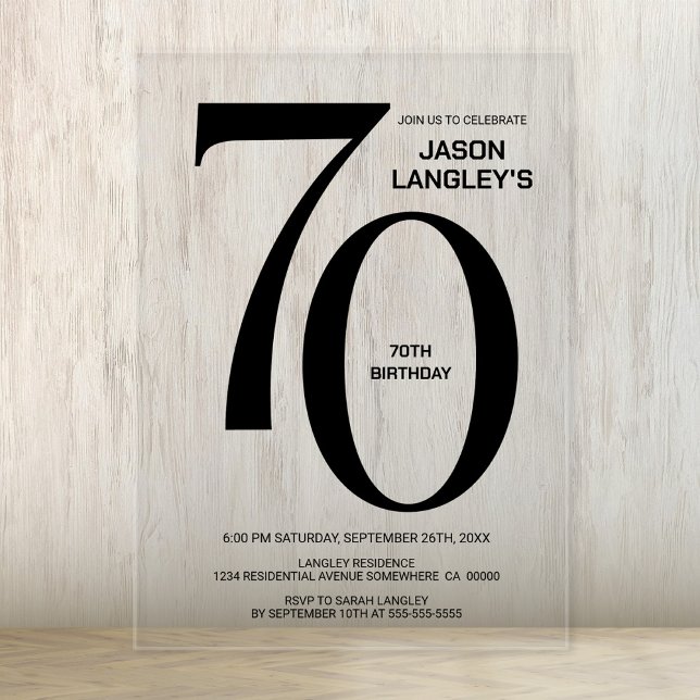Invitaciones Acrílicas Modern Bold Black Text 70th Birthday Party (Subido por el creador)