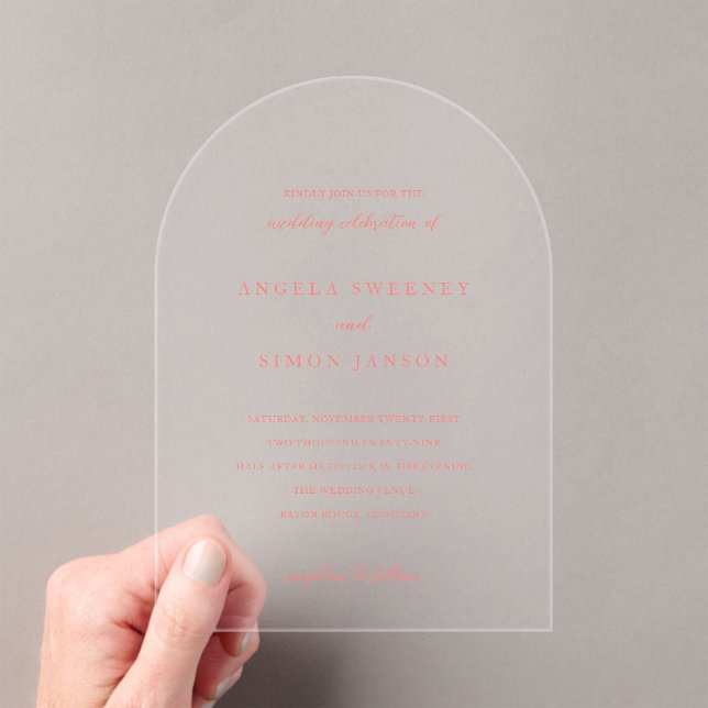 Invitaciones Acrílicas Modern Bold Vibrant Coral Simple Wedding (Insitu (portátil))