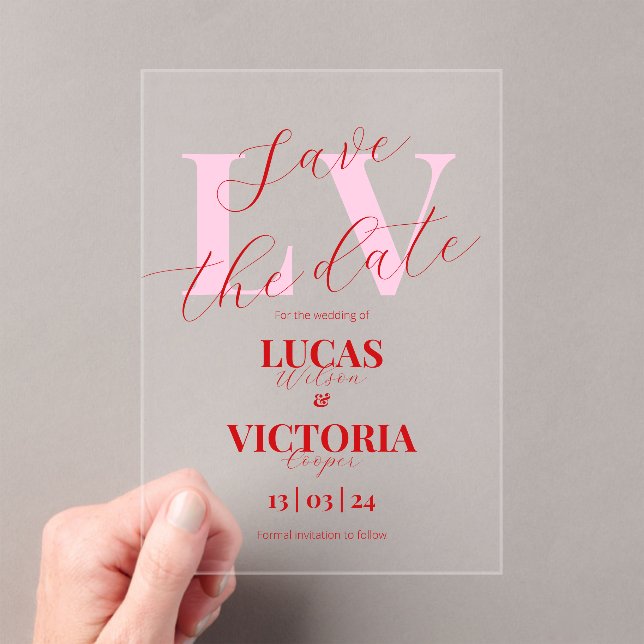 Invitaciones Acrílicas Modern Bright Pink and Red Wedding save the date  (Insitu (portátil))