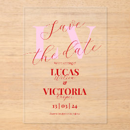Invitaciones Acrílicas Modern Bright Pink and Red Wedding save the date