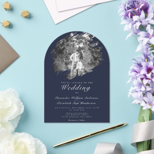 Invitaciones Acrílicas Modern Brushstroke Photo | Navy Blue Wedding (Insitu (Boda))